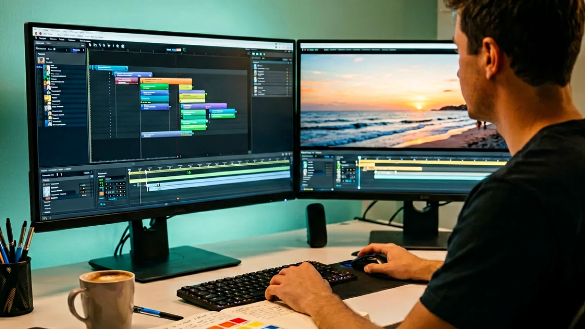 创作者坐在双屏工作站前，屏幕上显示着 DaVinci Resolve 的调色界面和一段海边黄昏视频的时间线，桌面上放着咖啡杯和调色笔，光线温暖偏青绿调