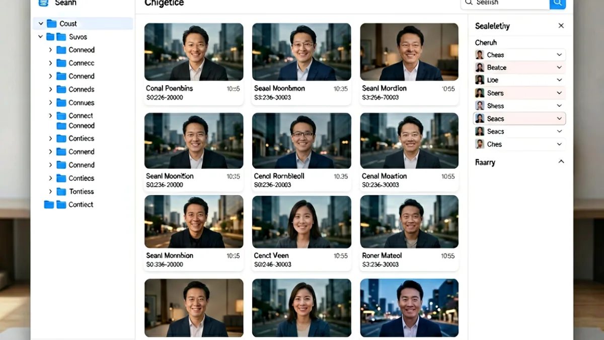 文件夹图标排列整齐的视频资产管理界面，每个缩略图下方显示文件名和时长信息，右侧面板展示搜索和筛选选项